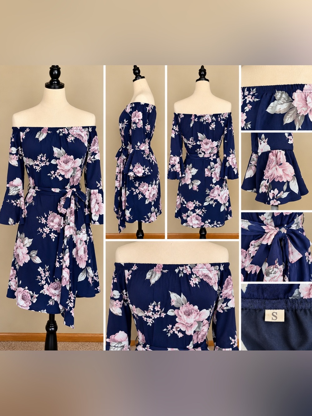 Amazon Navy Floral Off-Shoulder Mini Dress with Pink Roses